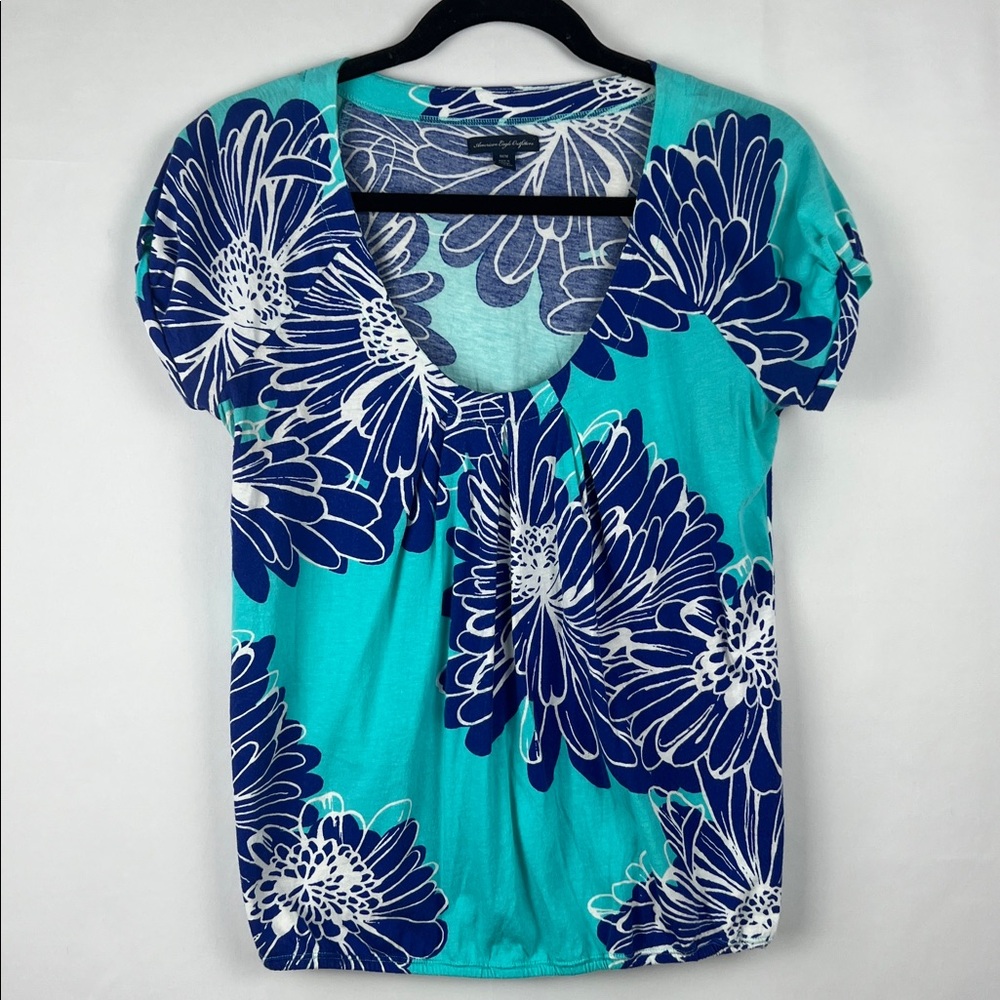 American Eagle Outfitters Blue Wrap Blouse with‎ Cap Sleeves